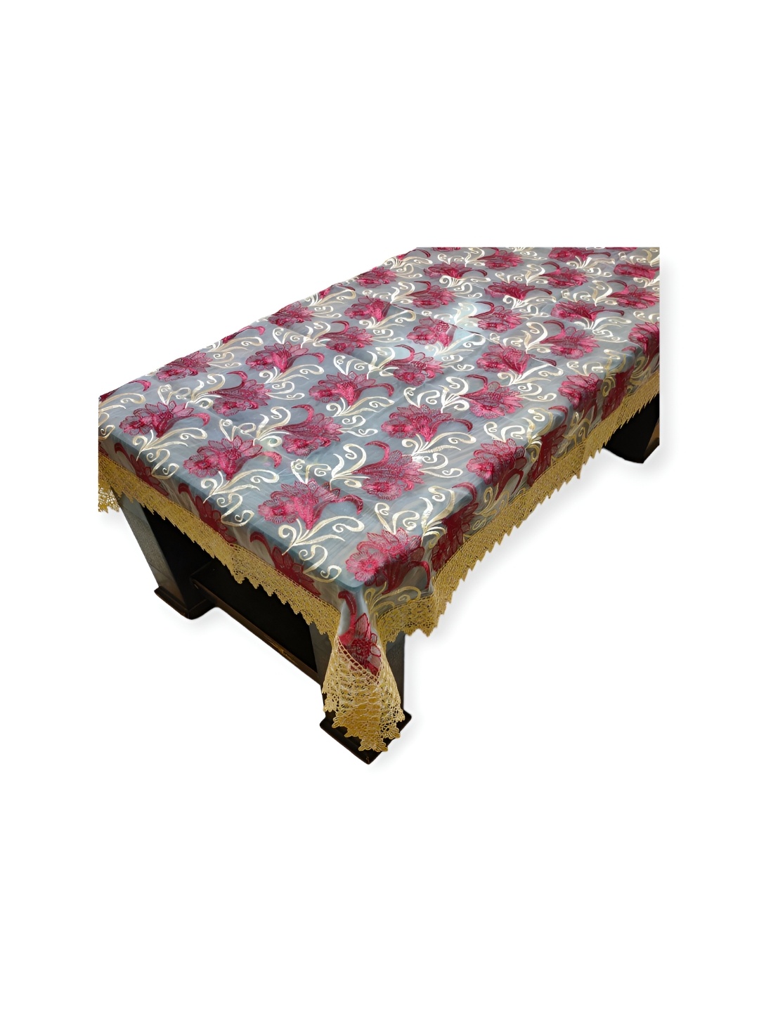 MONKDECOR Grey & Pink Floral Embroidered Table Cover