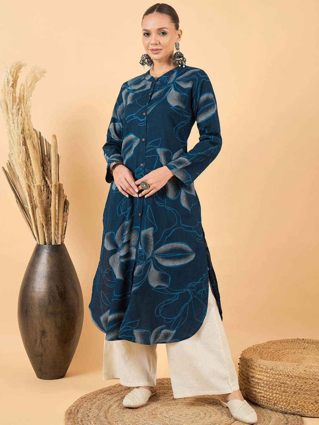 

Anouk Floral Printed Regular Beads And Stones Pure Cotton A-Line Kurta With Palazzo, Blue