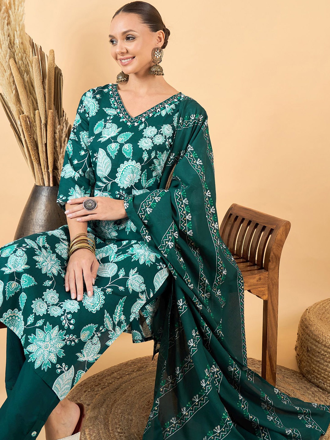 

Anouk Women Floral Printed Regular Sequinned Pure Cotton Kurta with Trousers & With Dupatta, Teal