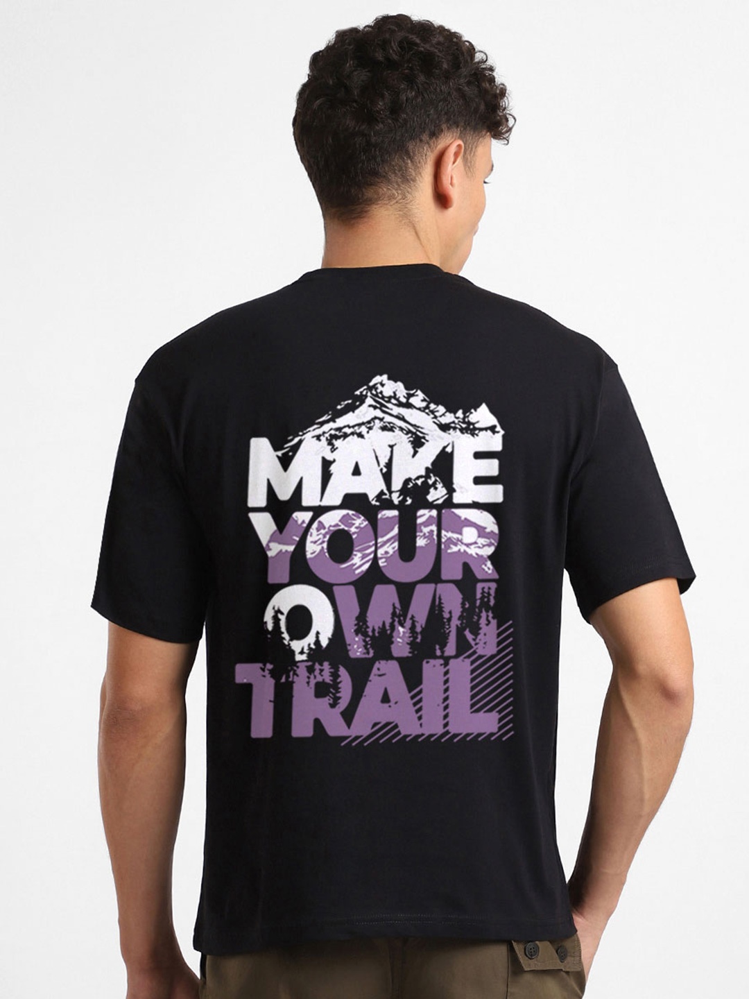 

NOBERO Make Your Own Trail Typography Print Drop-Shoulder Sleeves Cotton Oversized T-shirt, Black