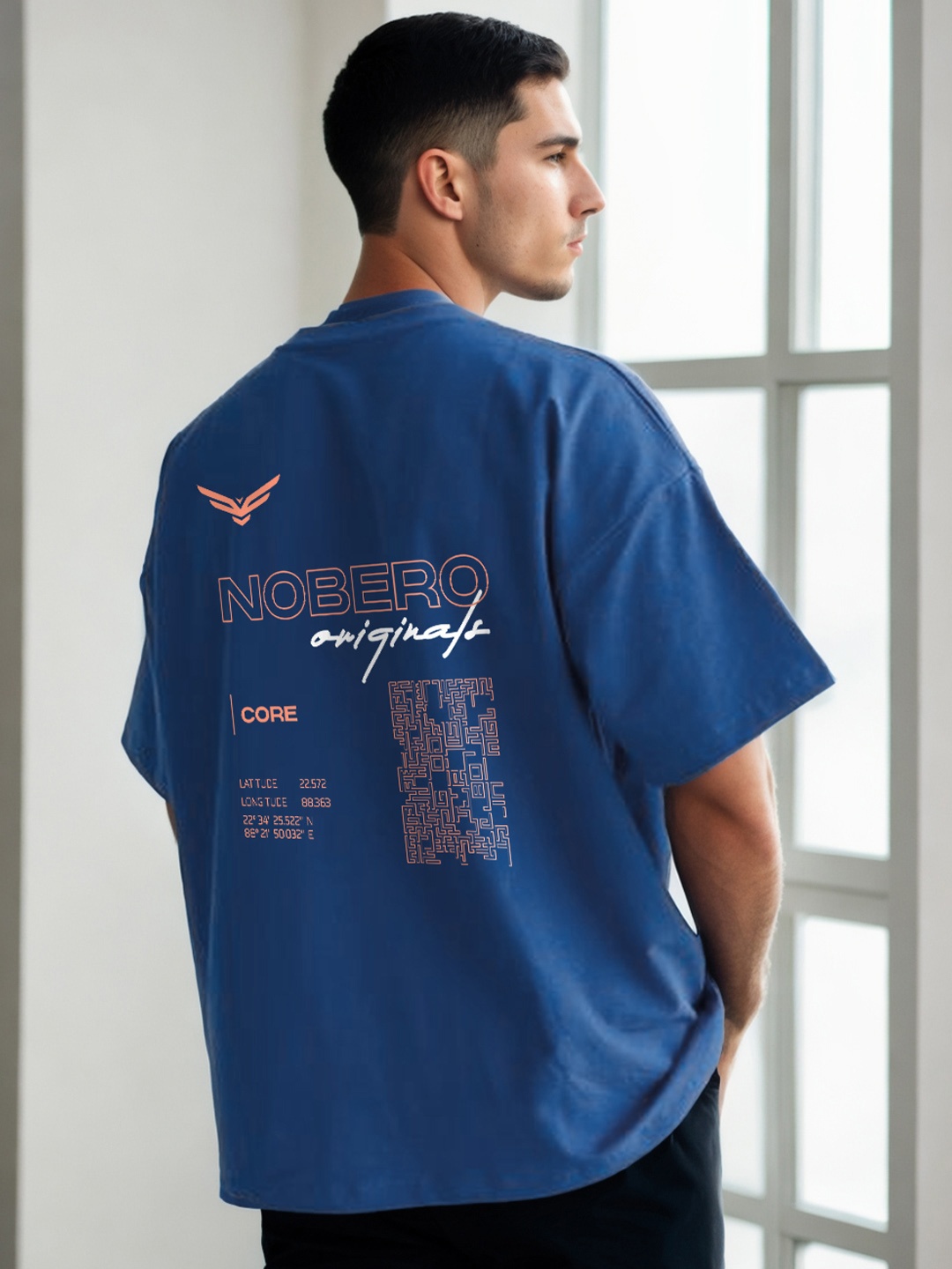 

NOBERO Typography Printed Drop Shoulder Sleeves Cotton Oversized T-Shirt, Blue