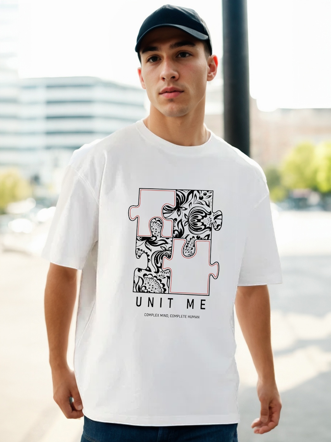 NOBERO Graphic Printed Drop Shoulder Sleeves Cotton Oversized T-Shirt, White