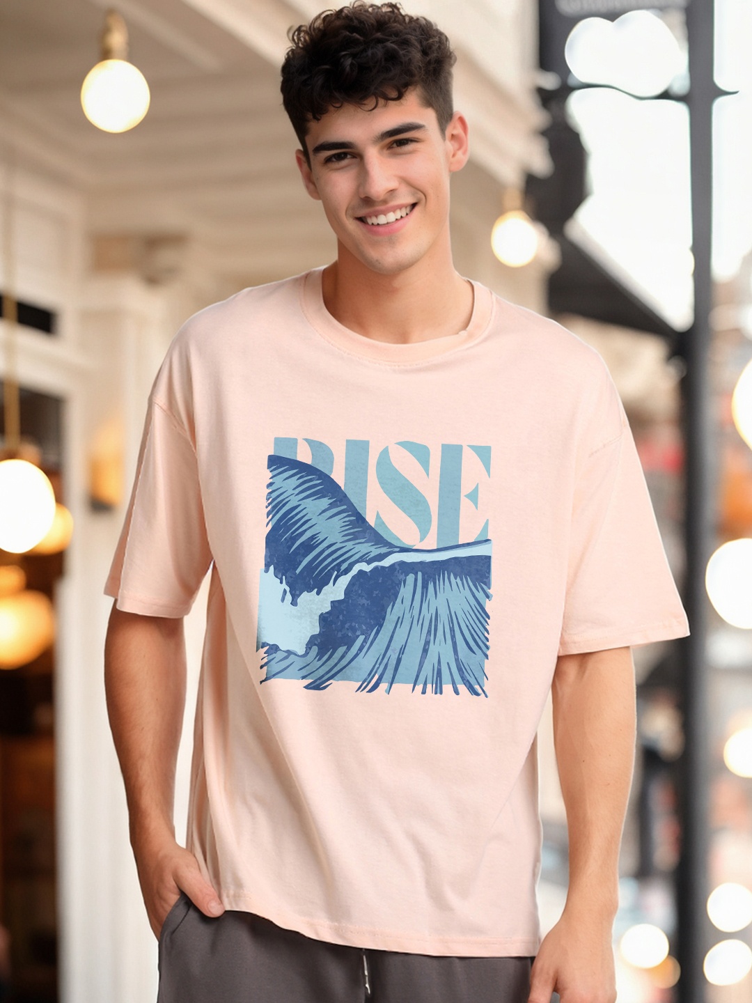 

NOBERO Graphic Printed Drop Shoulder Sleeves Cotton Oversized T-Shirt, Pink