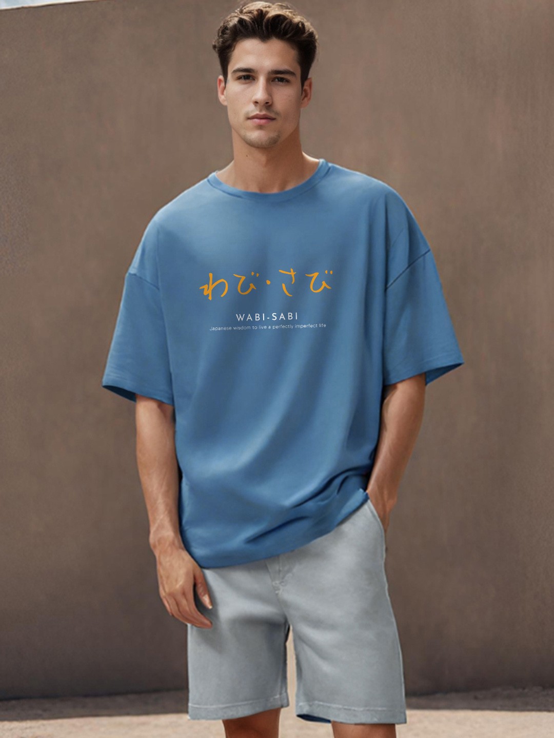 

NOBERO Typography Printed Drop Shoulder Sleeves Cotton Oversized T-Shirt, Blue
