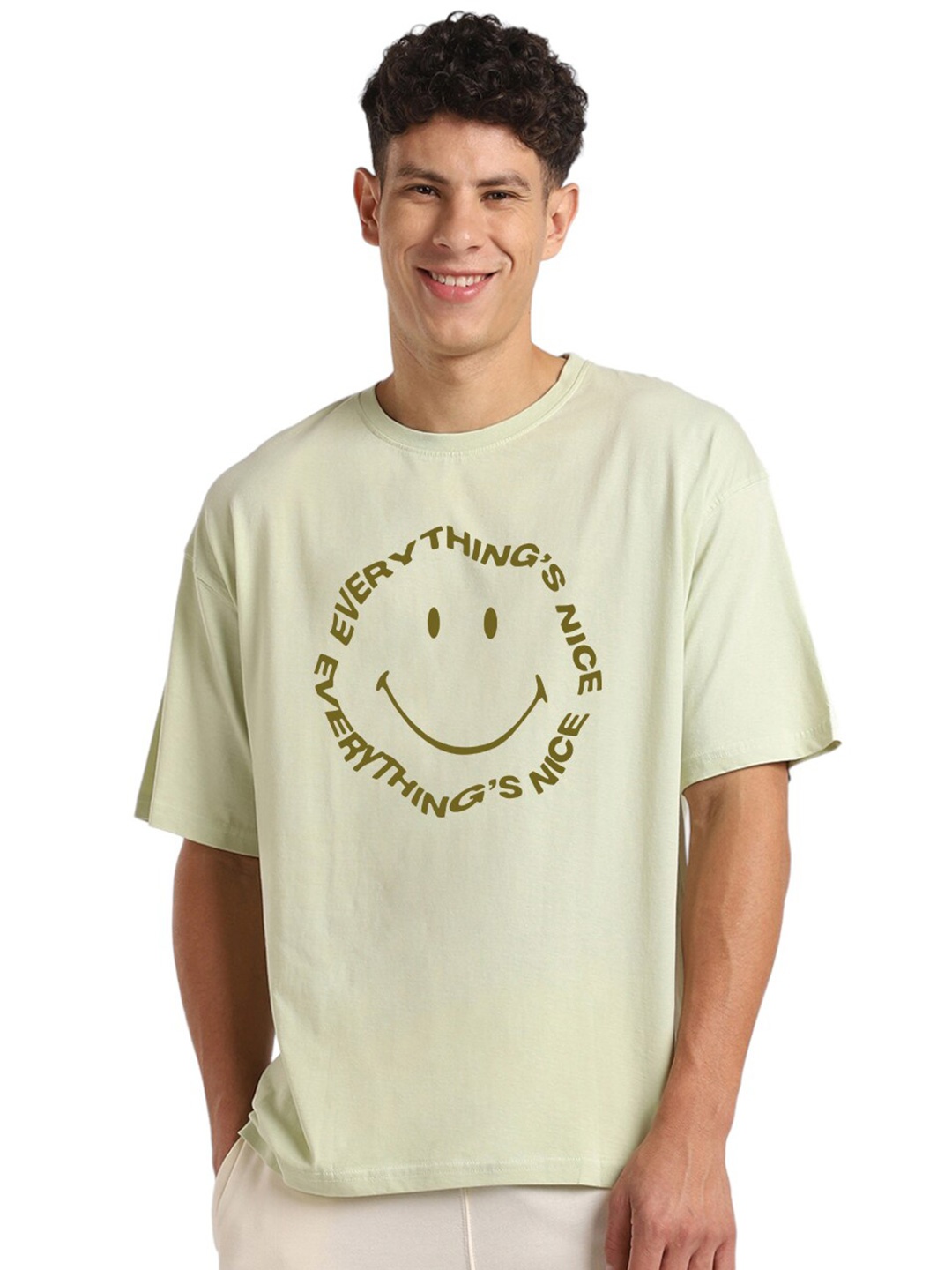 

NOBERO Typography Printed Drop Shoulder Sleeves Cotton Oversized T-Shirt, Sea green