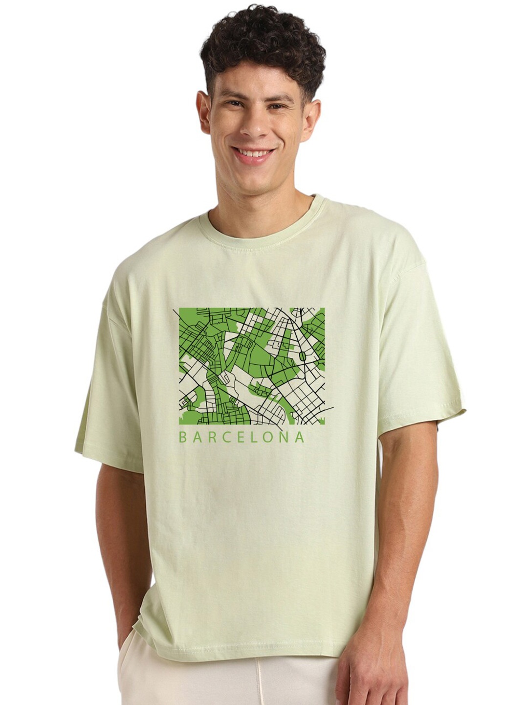 

NOBERO Graphic Printed Drop-Shoulder Sleeves Cotton Oversized T-shirt, Sea green