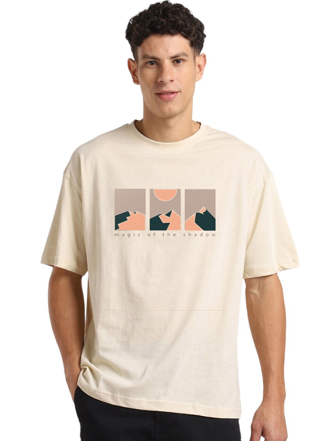 NOBERO Magic Of Shadows Graphic Printed Drop-Shoulder Sleeves Cotton Oversized T-shirt, Beige