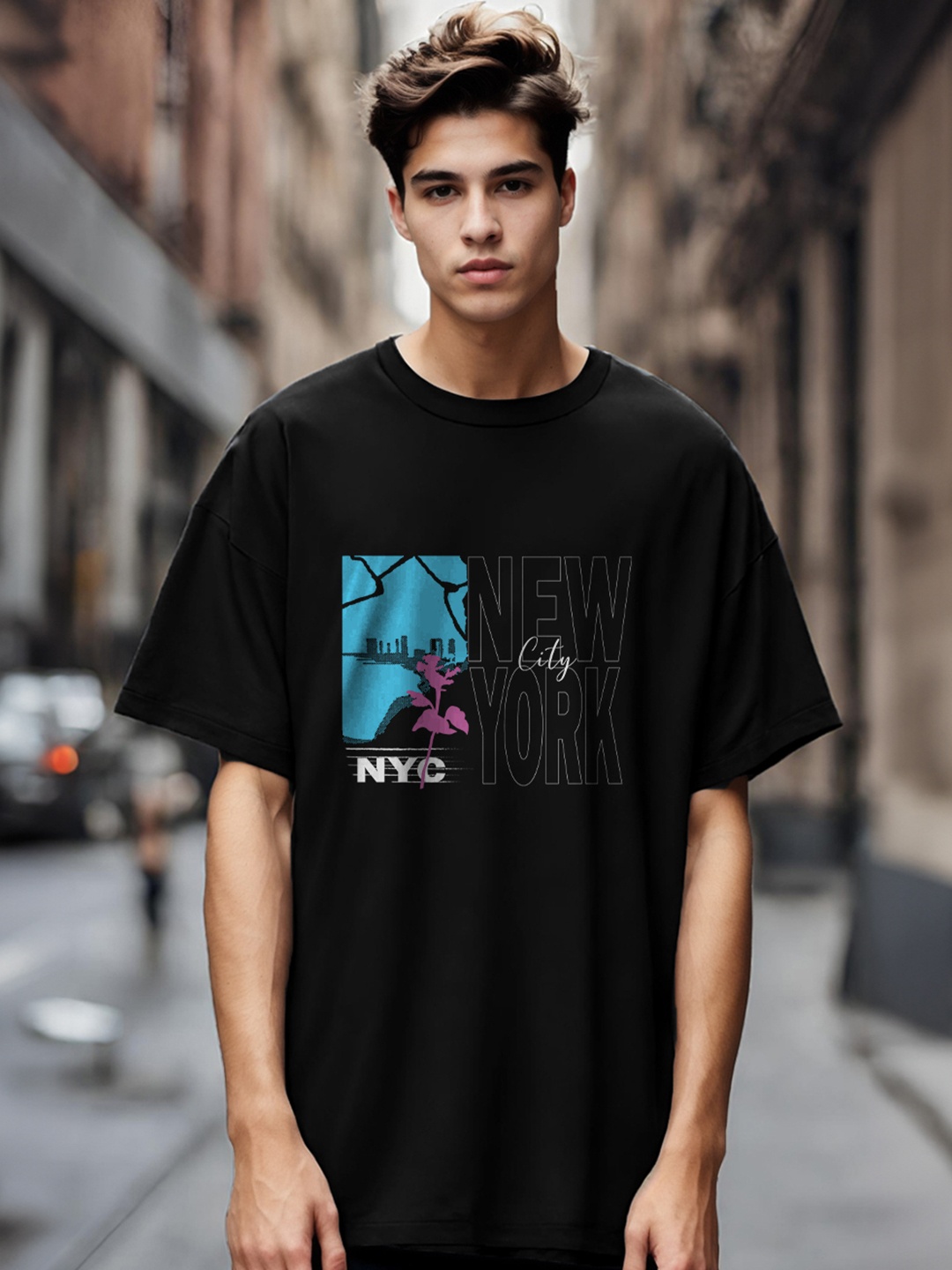 NOBERO Graphic Printed Drop Shoulder Sleeves Cotton Oversized T-Shirt, Black