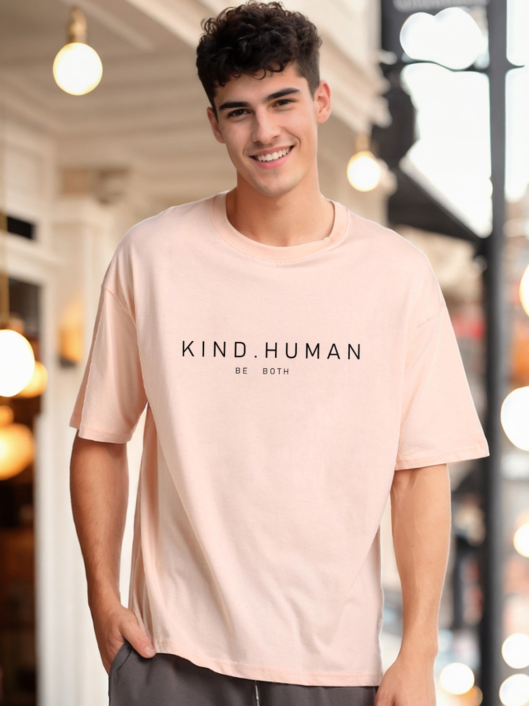 

NOBERO Typography Printed Drop Shoulder Sleeves Cotton Oversized T-Shirt, Pink