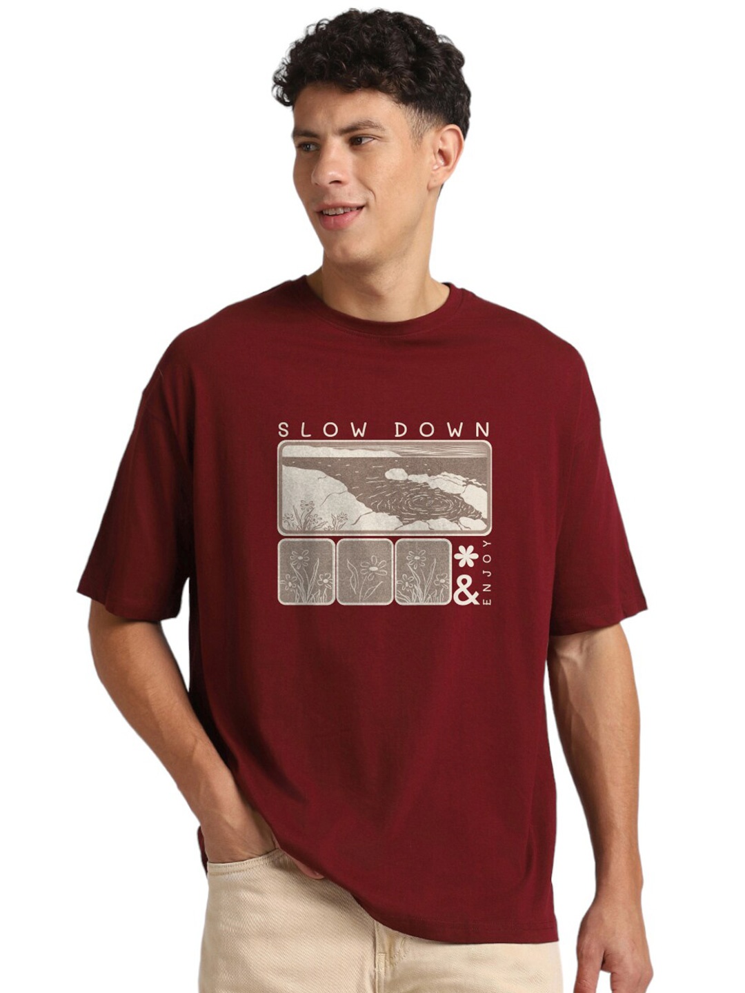 

NOBERO Graphic Printed Drop Shoulder Sleeves Cotton Oversized T-Shirt, Maroon