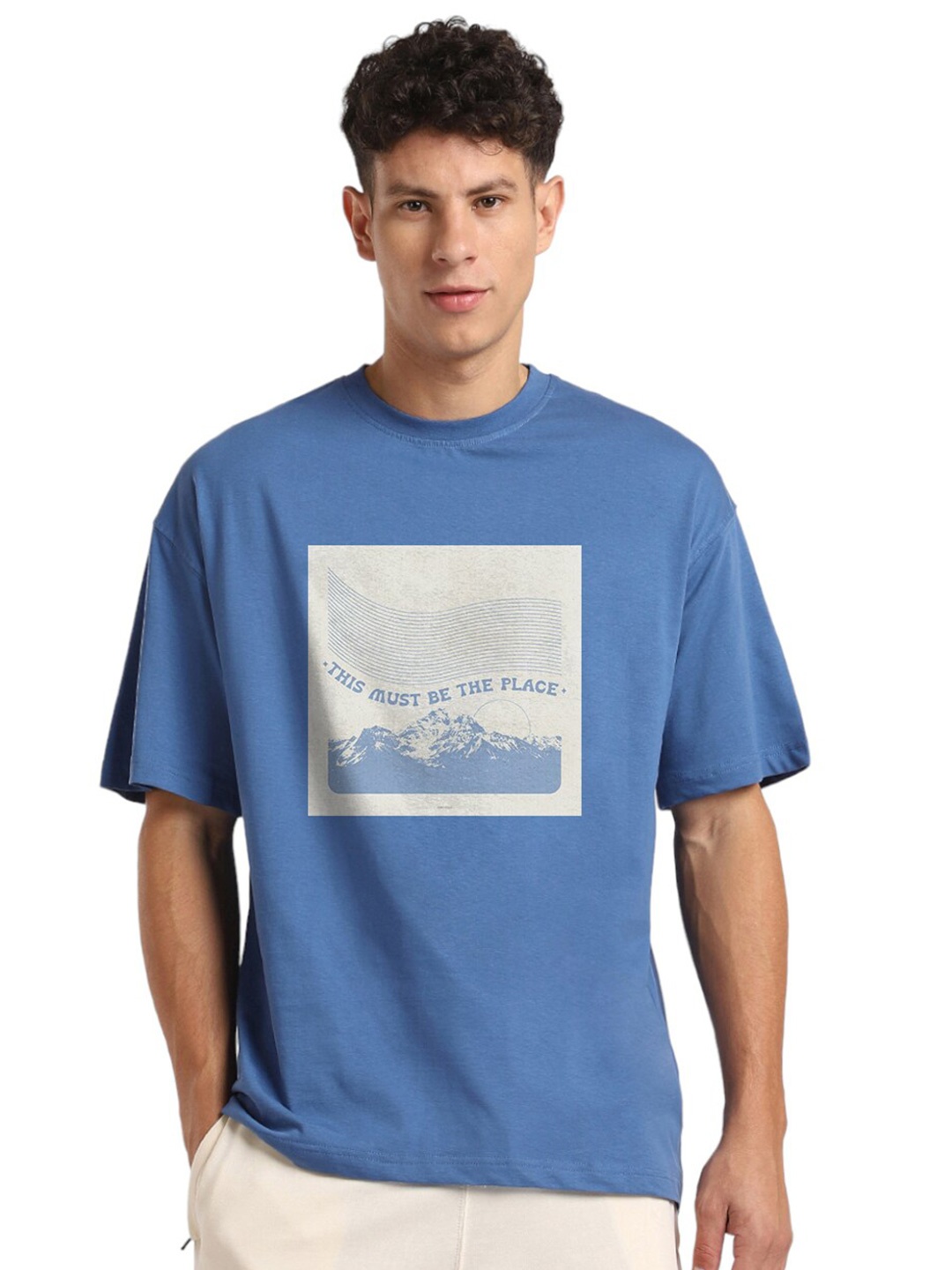 

NOBERO Graphic Printed Drop Shoulder Sleeves Cotton Oversized T-Shirt, Blue