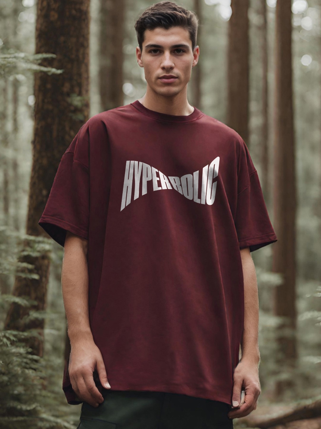 NOBERO Typography Printed Drop Shoulder Sleeves Cotton Oversized T-Shirt, Maroon