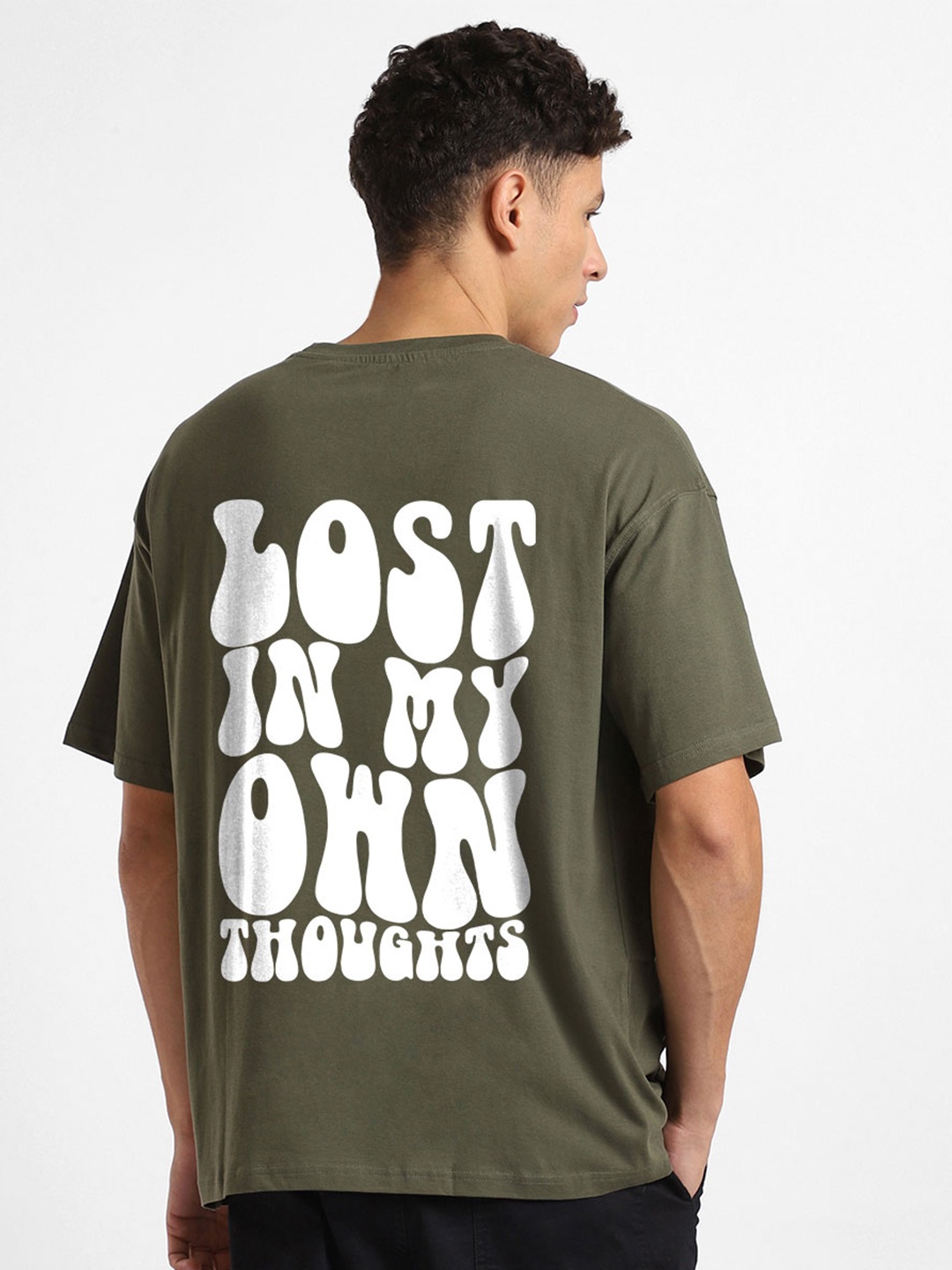 

NOBERO Typography Printed Drop Shoulder Sleeves Cotton Oversized T-Shirt, Green