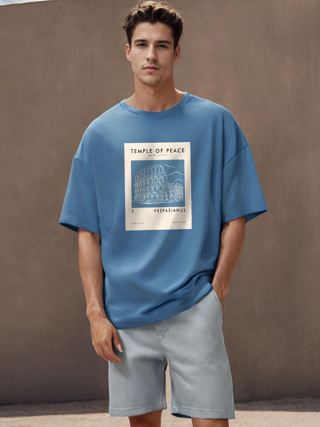 

NOBERO Graphic Printed Drop Shoulder Sleeves Cotton Oversized T-Shirt, Blue