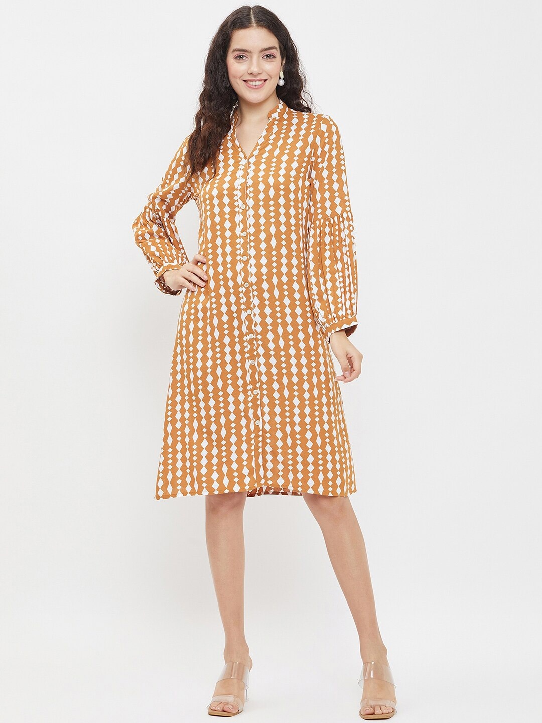 

BAESD Geometric Print Mandarin Collar Long Sleeves Shirt Style Dress, Mustard