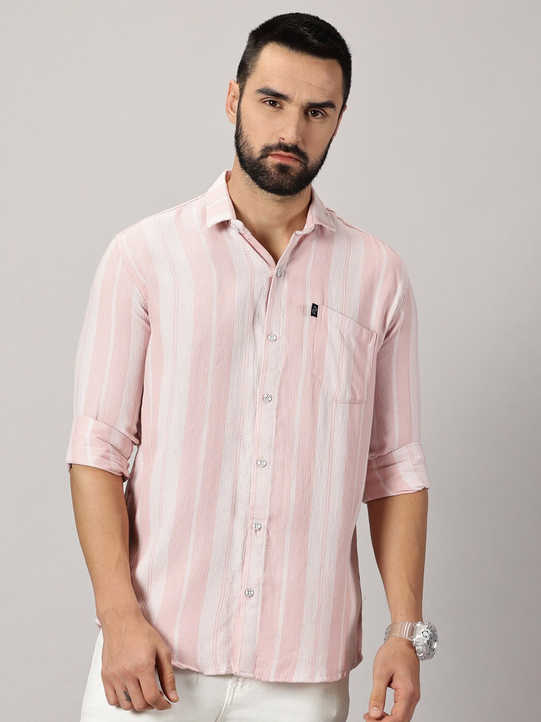 

Rodzen Comfort Slim Fit Striped Cotton Casual Shirt, Pink