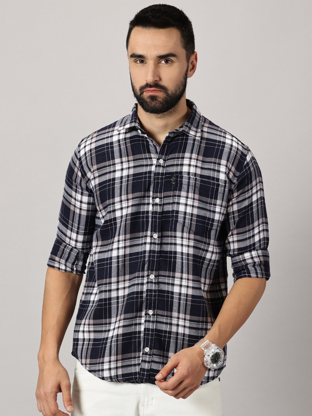 

Rodzen Comfort Slim Fit Tartan Checks Cotton Casual Shirt, Navy blue