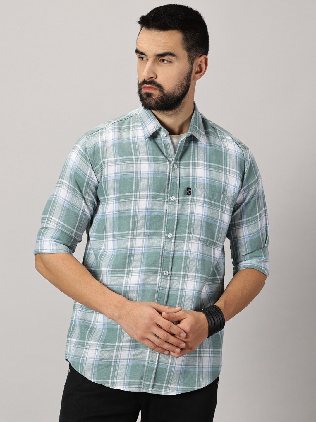 

Rodzen Comfort Slim Fit Tartan Checks Cotton Casual Shirt, Green