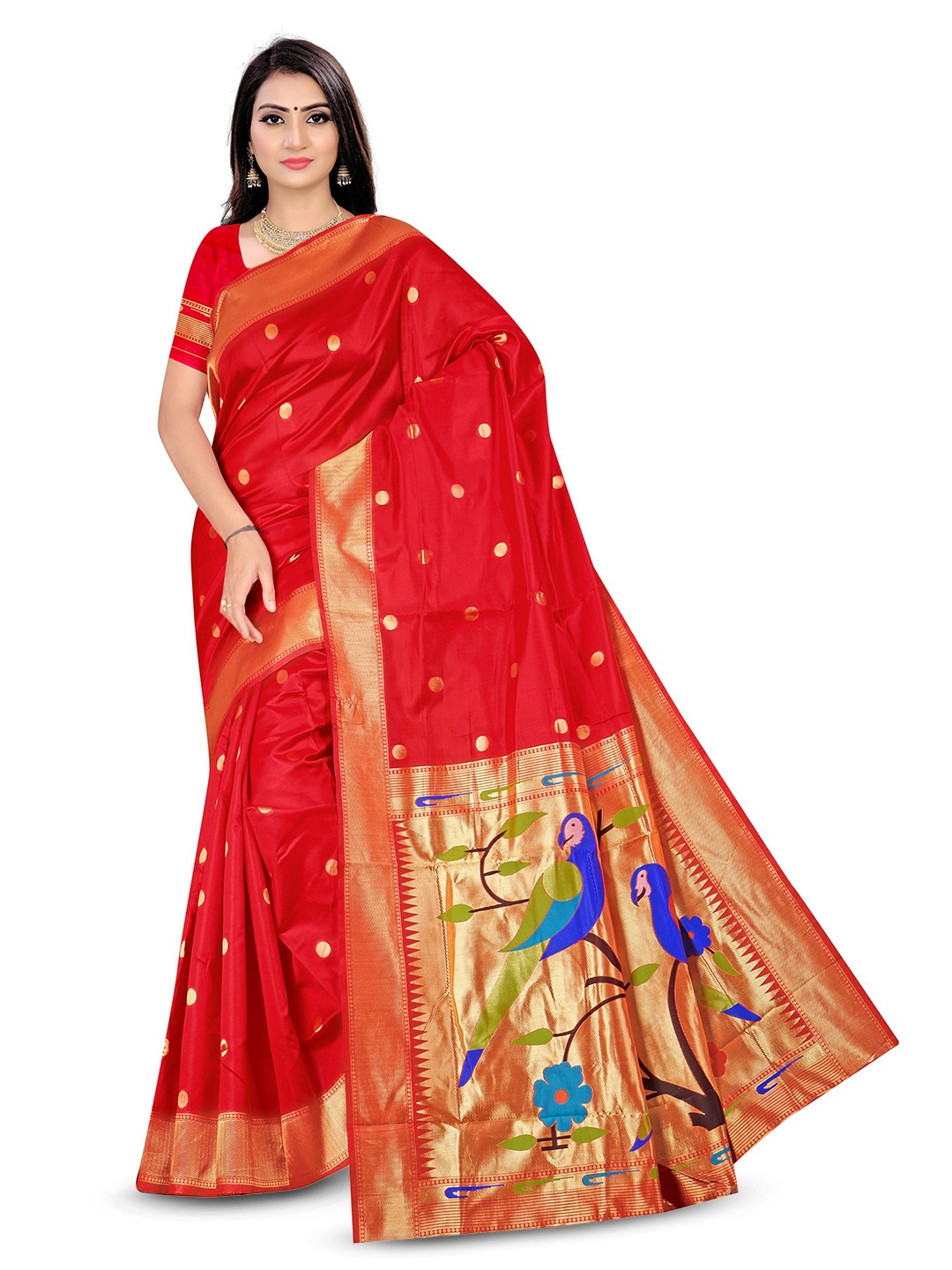 

MMANTRA FASHION Polka Dot Zari Silk Cotton Paithani Saree, Red