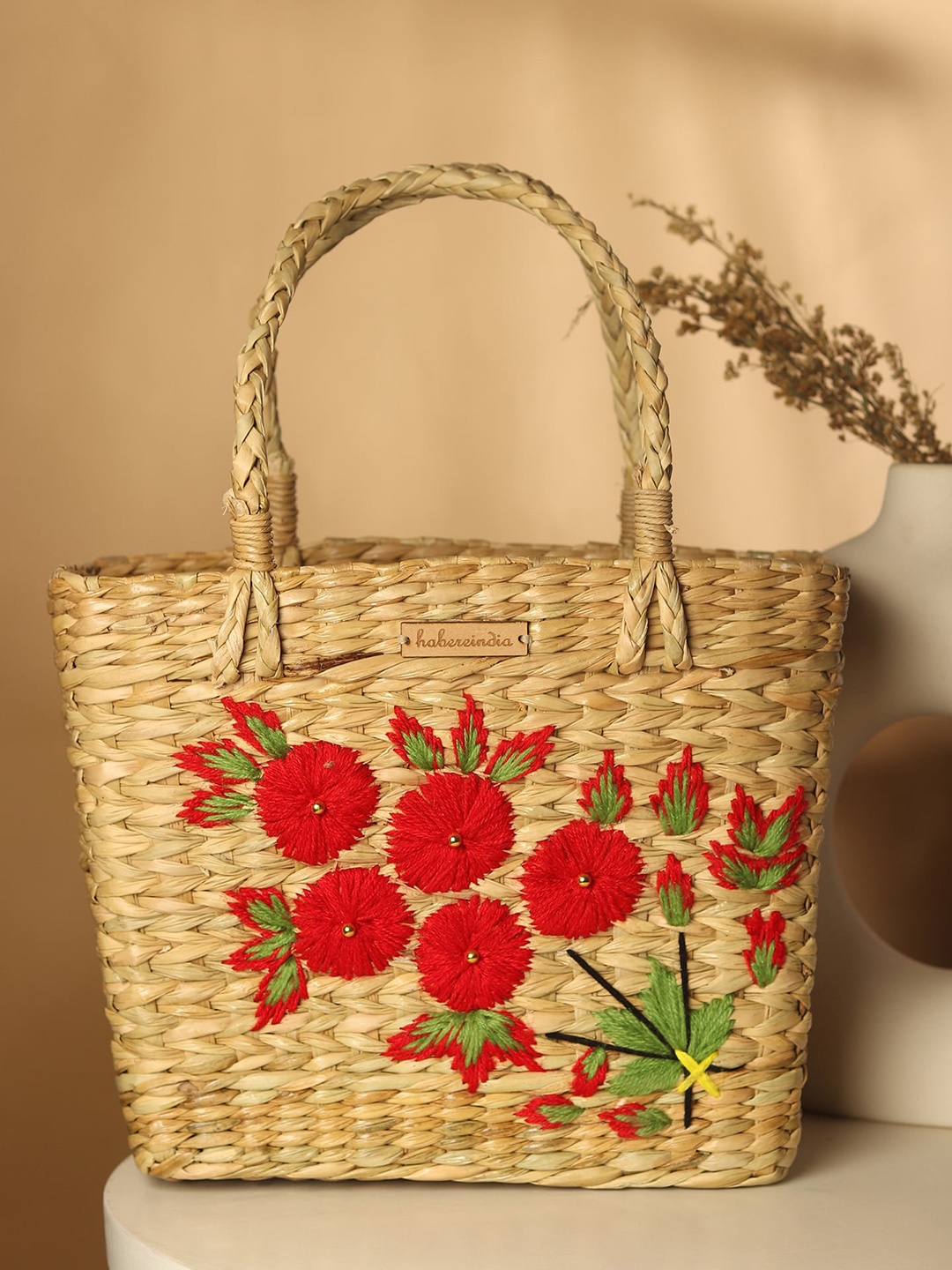 

HABERE INDIA Brown Embroidered Seagrass Tote Basket