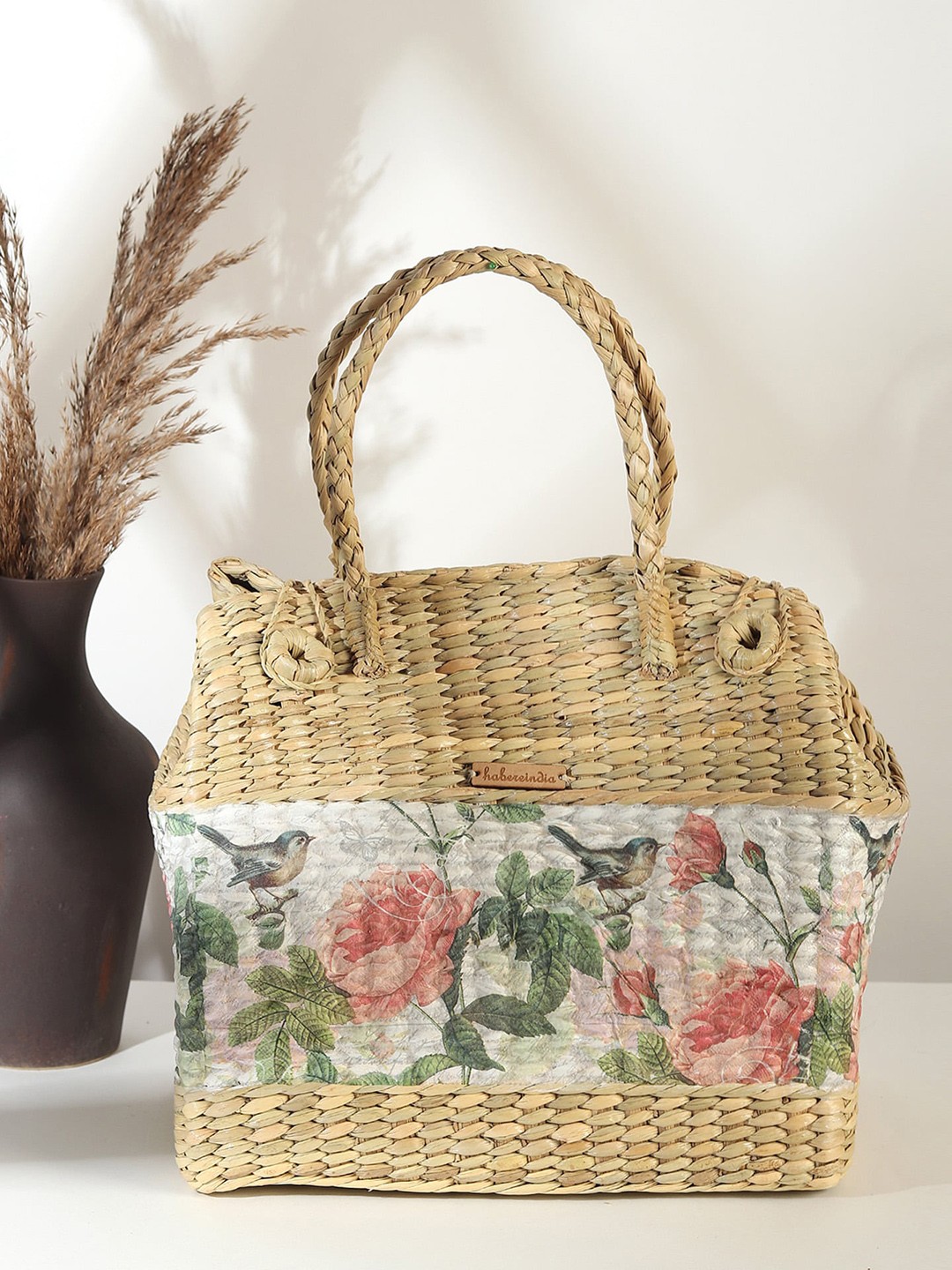 

HABERE INDIA Brown Floral Printed Seagrass Reusable Tote Basket