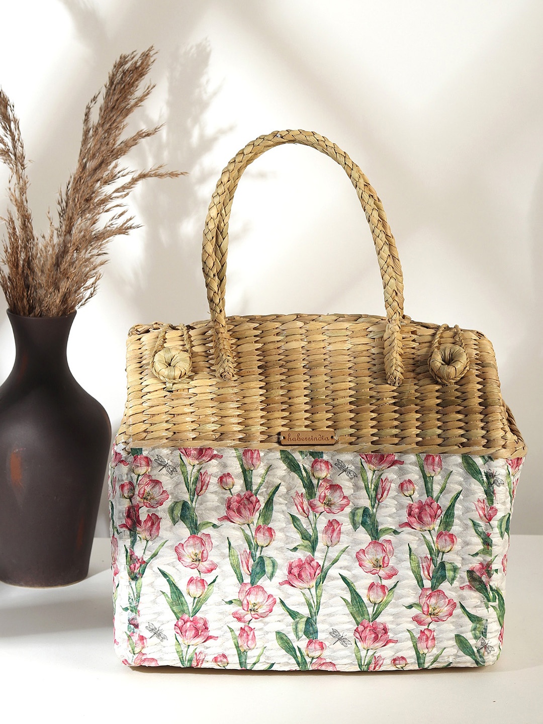 

HABERE INDIA Brown Floral Printed Seagrass Reusable Tote Basket