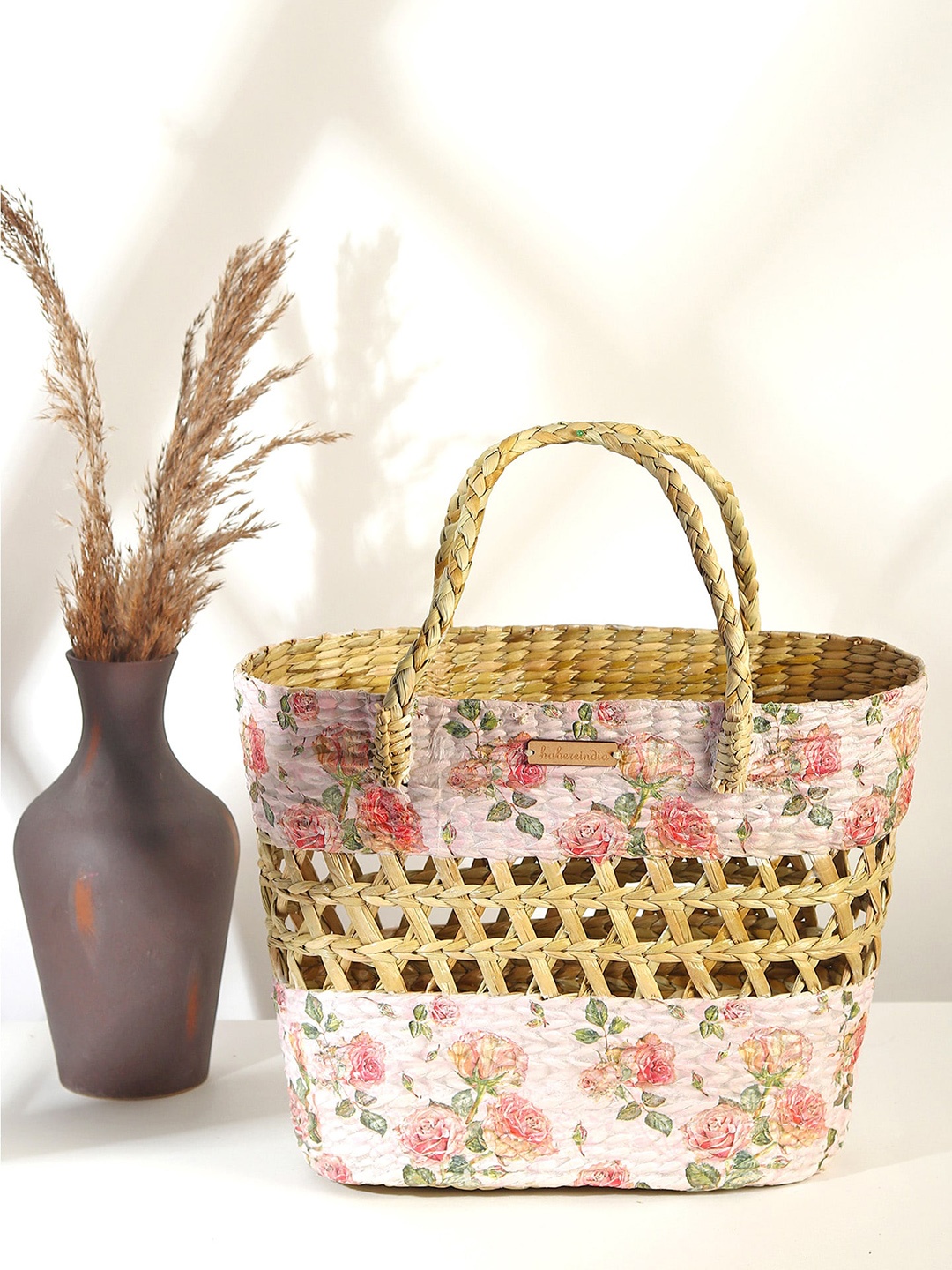 

HABERE INDIA Pink Floral Printed Seagrass Reusable Tote Basket