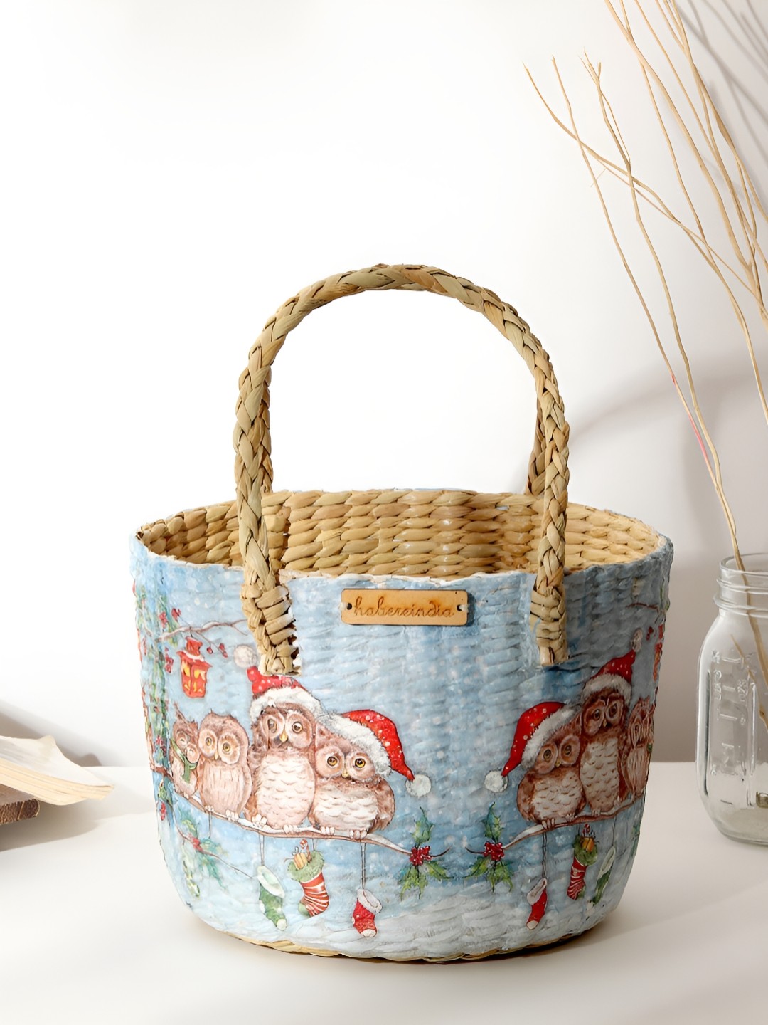 

HABERE INDIA Blue & Beige Seagrass Fruit & Storage Basket