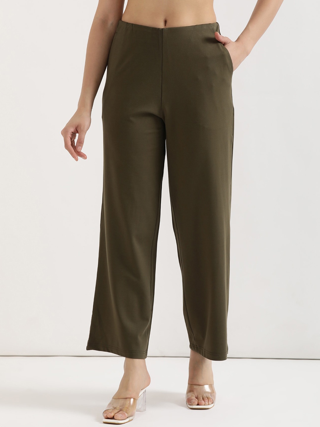 

SAADAA Women Straight Fit Wide Leg High-Rise Trouser, Olive