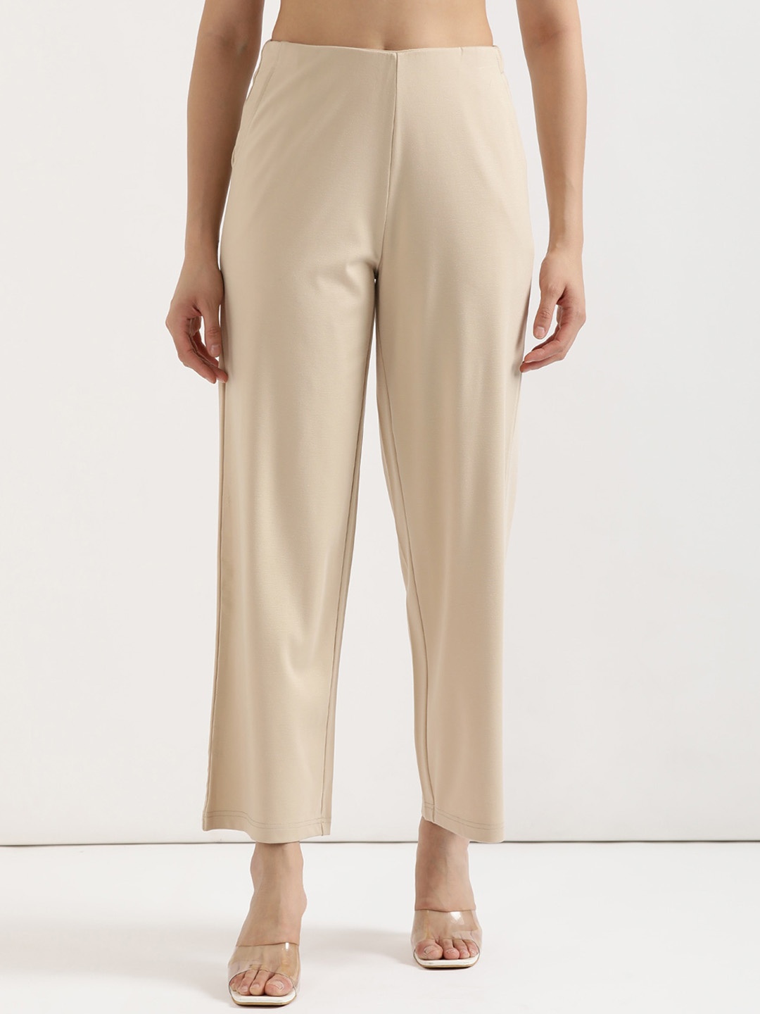 

SAADAA Women Straight Fit Stretchable High-Rise Trousers, Beige