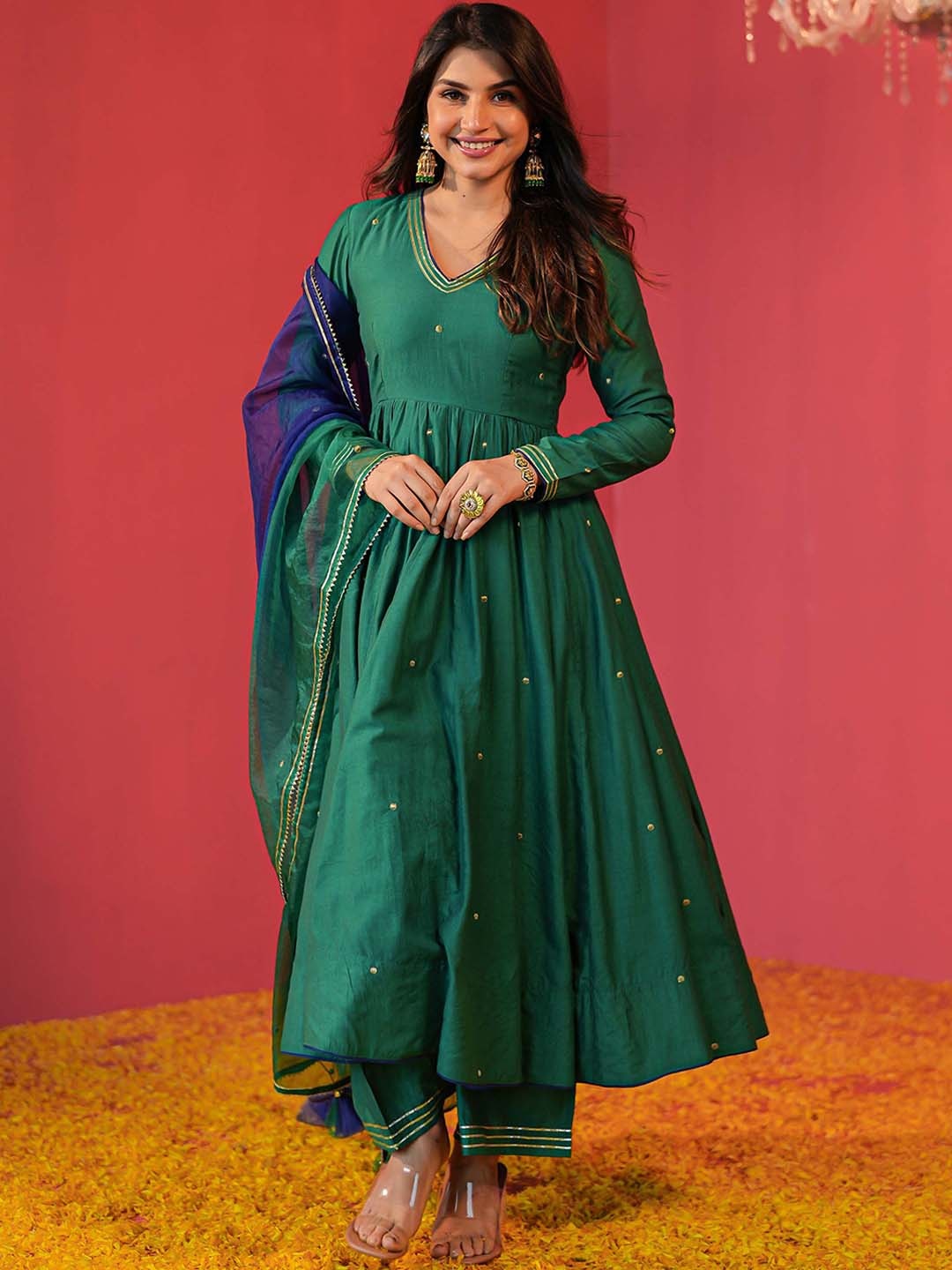 

Anouk Mirage Embroidered Panelled Sequinned Chanderi Cotton Kurta with Pyjama & Dupatta, Green