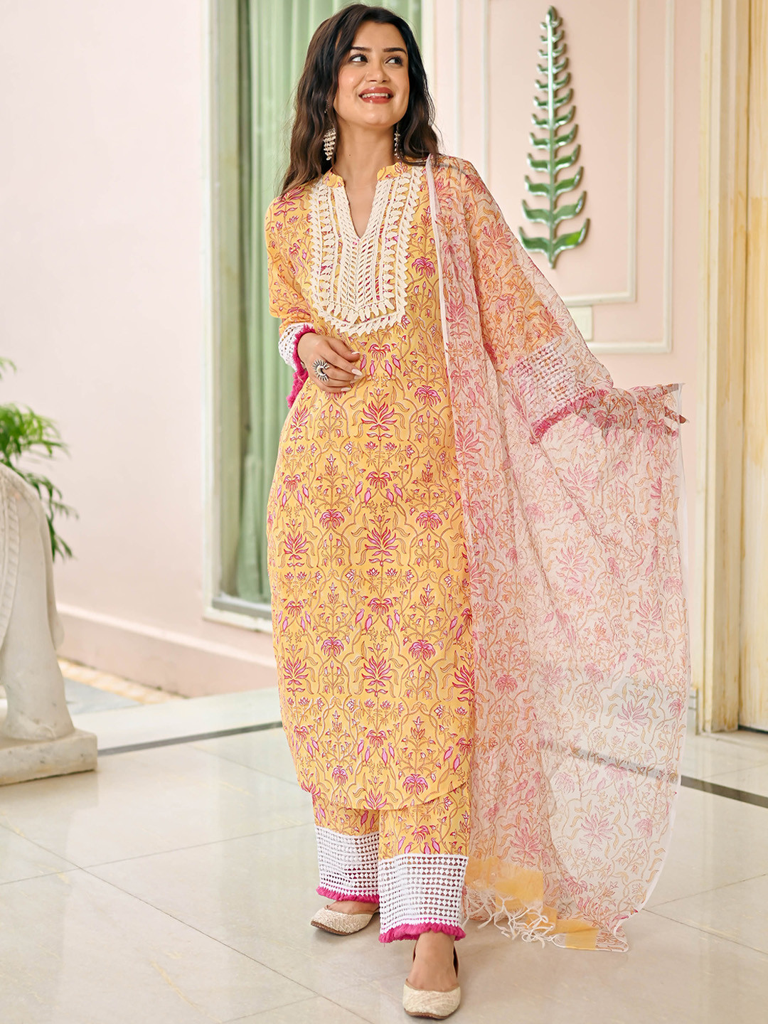 

Anouk Mirage Floral Printed Thread Work Pure Cotton Kurta with Trousers & Dupatta, Yellow