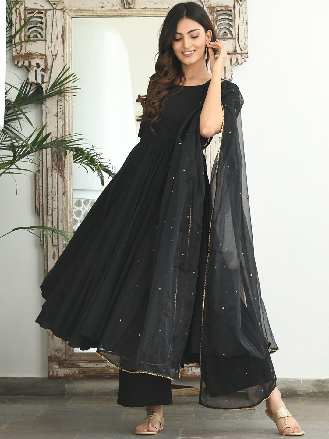 

Anouk Mirage Women Panelled Pure Cotton Kurta with Pyjamas & With Dupatta, Black