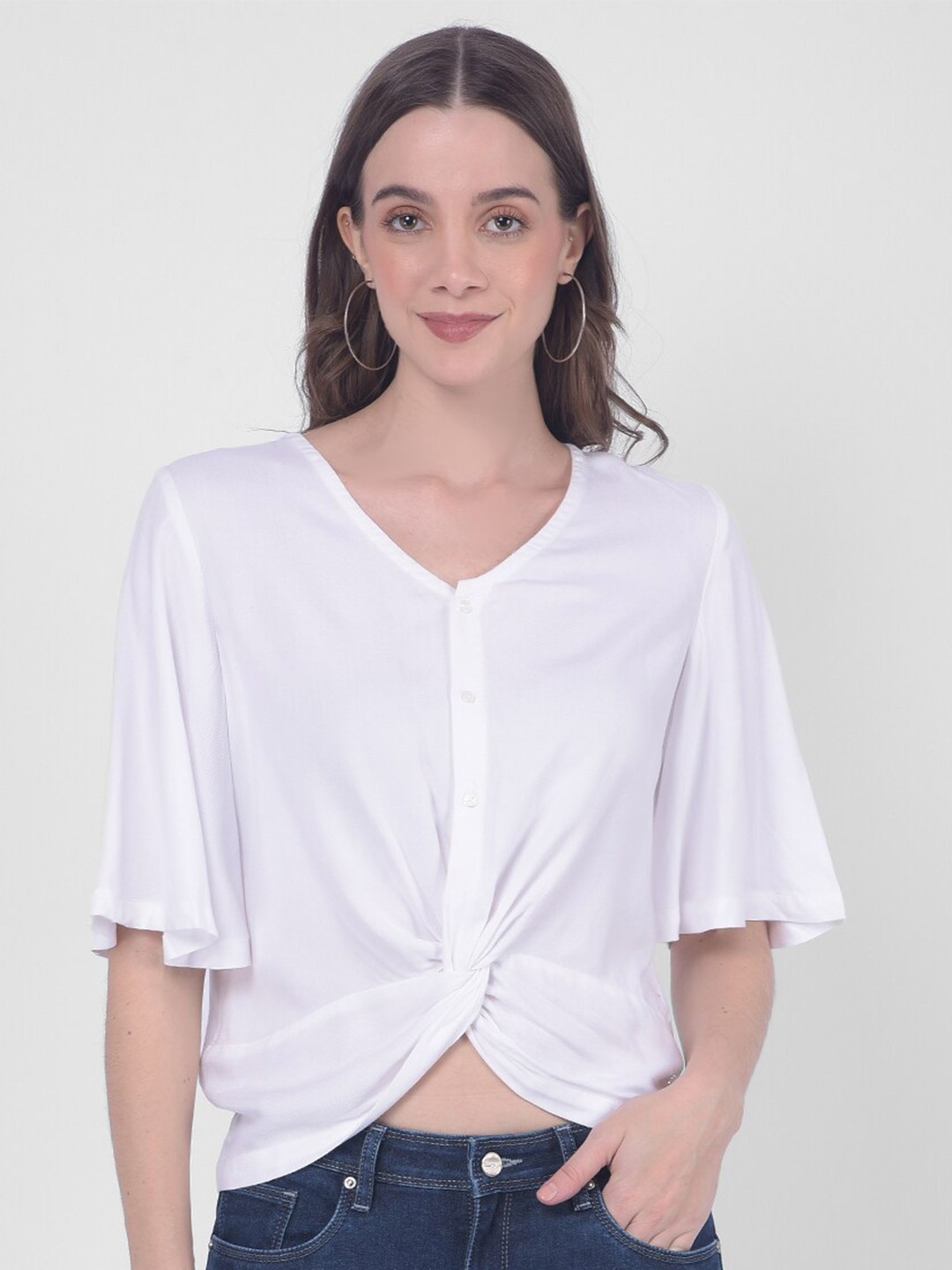

Numero Uno V-Neck Short Flared Sleeve Cotton Twisted Crop Top, White