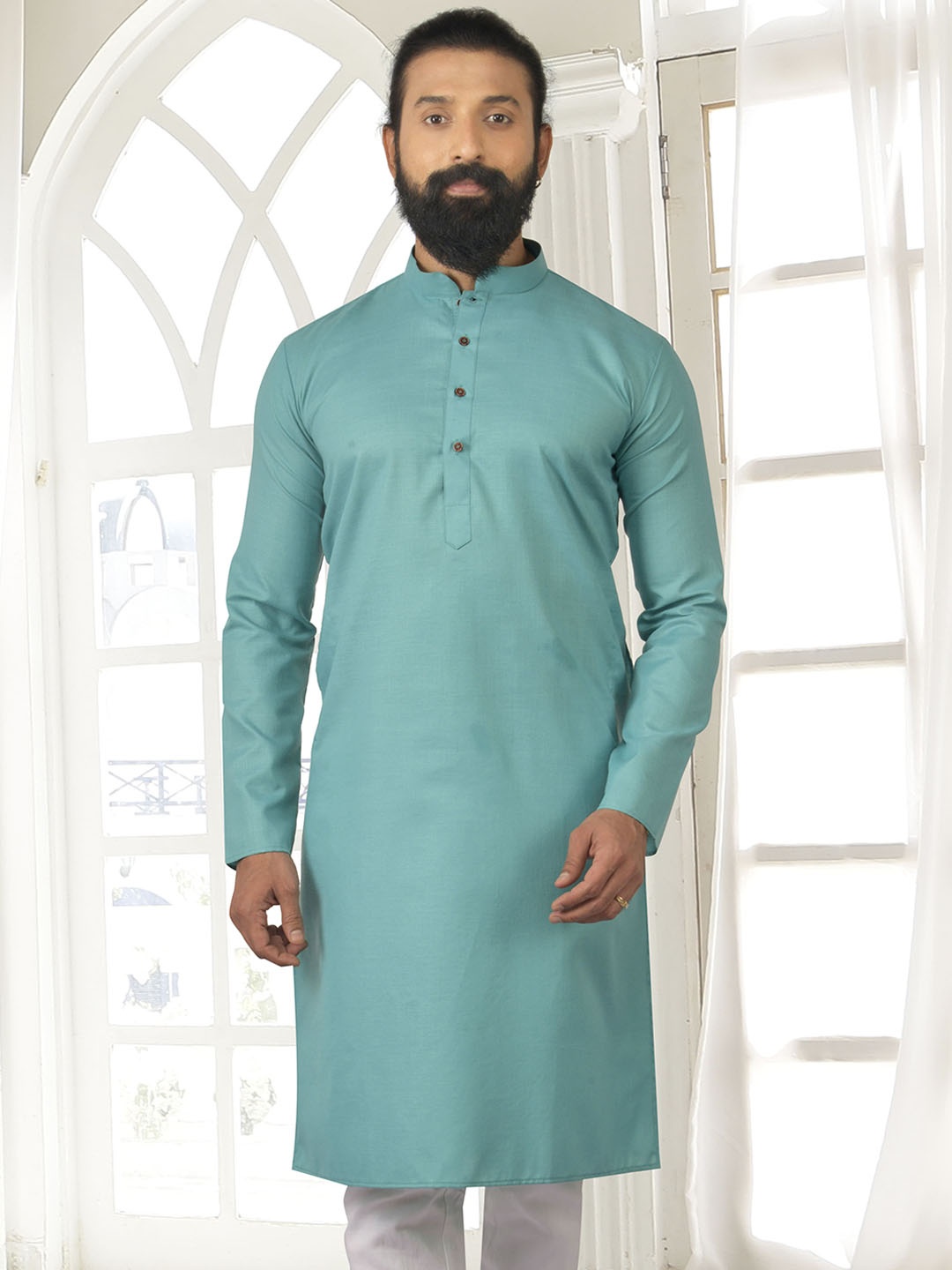

Anouk Sea Green Mandarin Collar Cotton Kurta