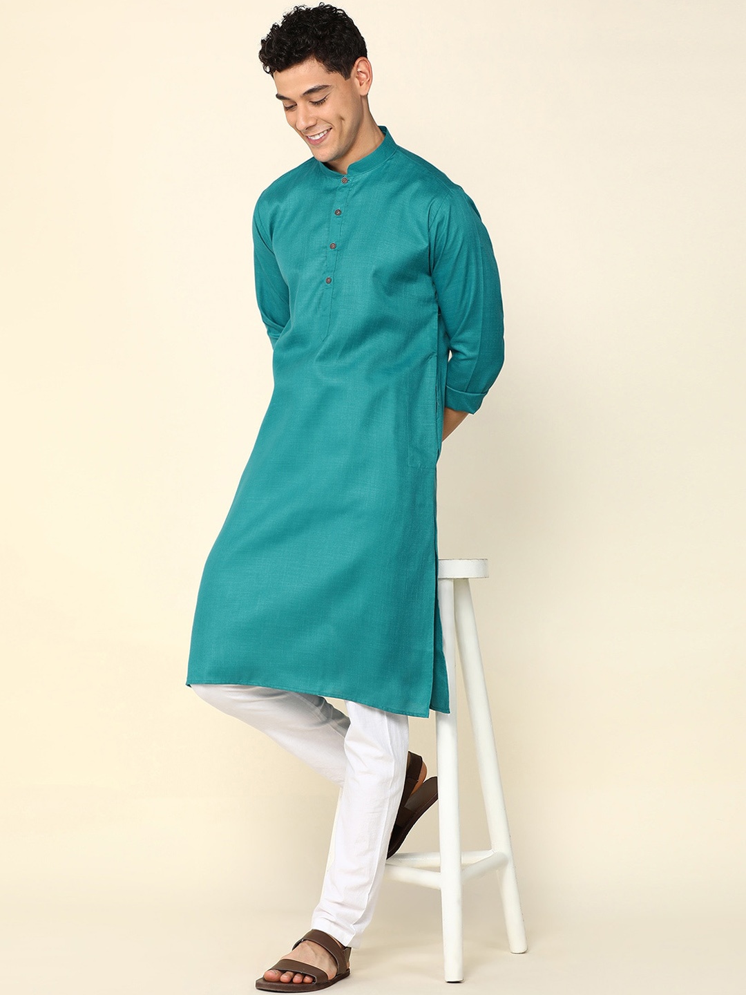 Anouk Green Mandarin Collar Cotton Kurta
