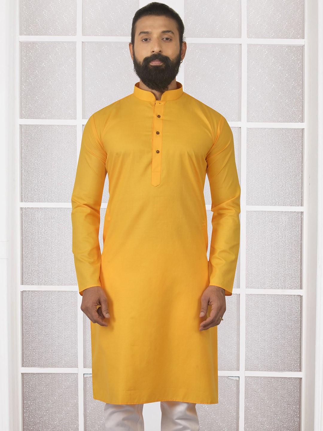 

Anouk Yellow Mandarin Collar Cotton Kurta