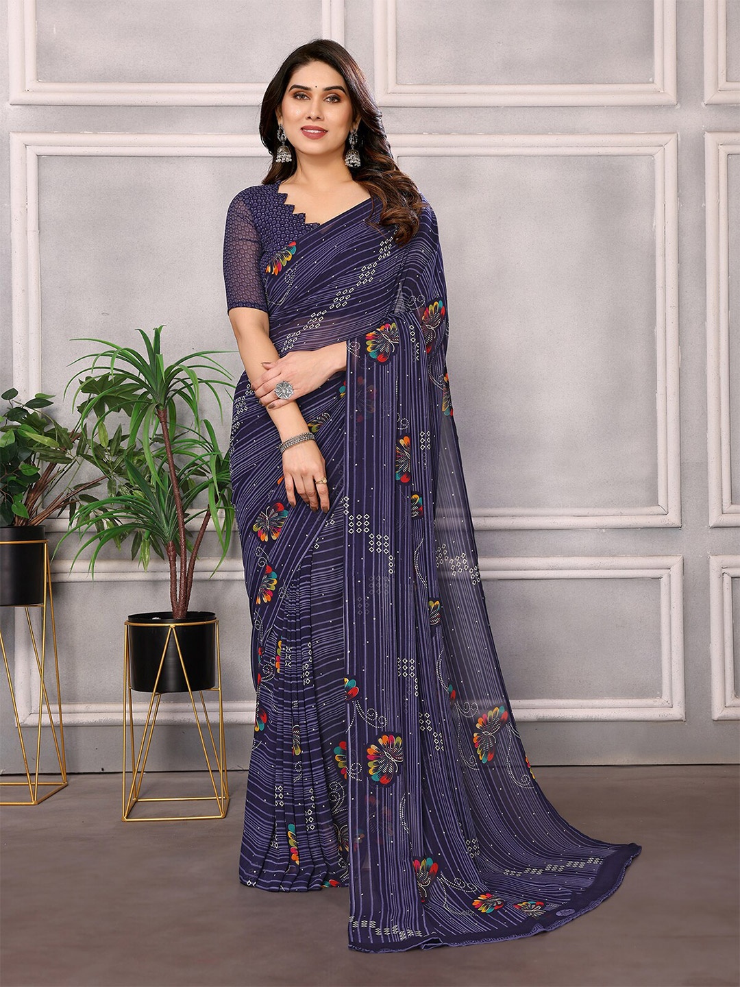 

ANAND SAREES Selection of 2 Floral Printed Saree, Blue