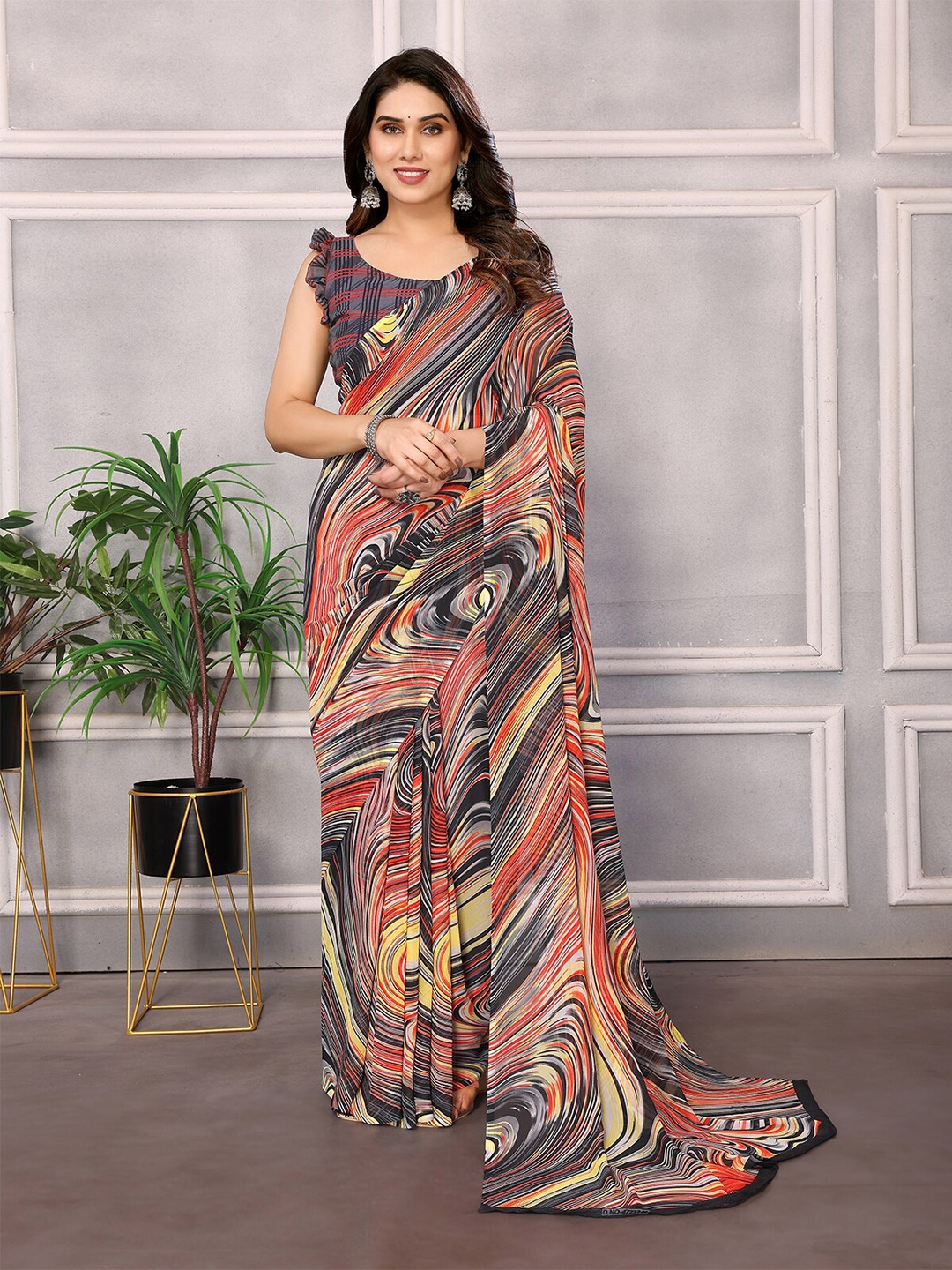 

ANAND SAREES Selection Of 2 Abstract Printed Saree, Red