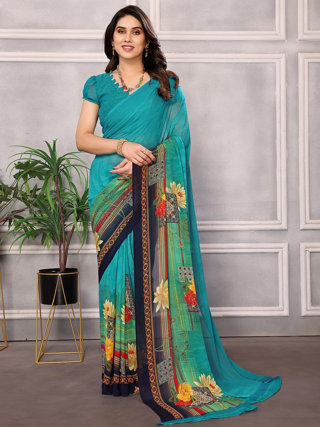 

ANAND SAREES Selection Of 2 Floral Printed Sarees, Blue
