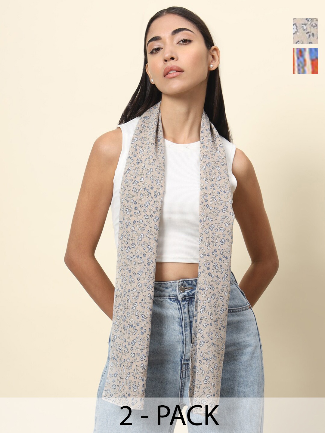 

Trend Arrest Women Set Of 2 Printed Scarf, Cream