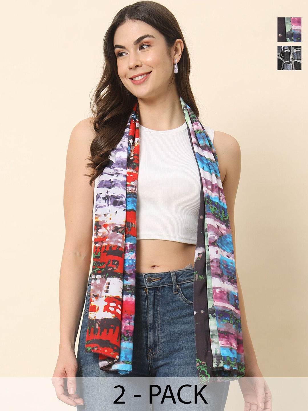 

Trend Arrest Pack of 2 Women Printed Scarves, Black