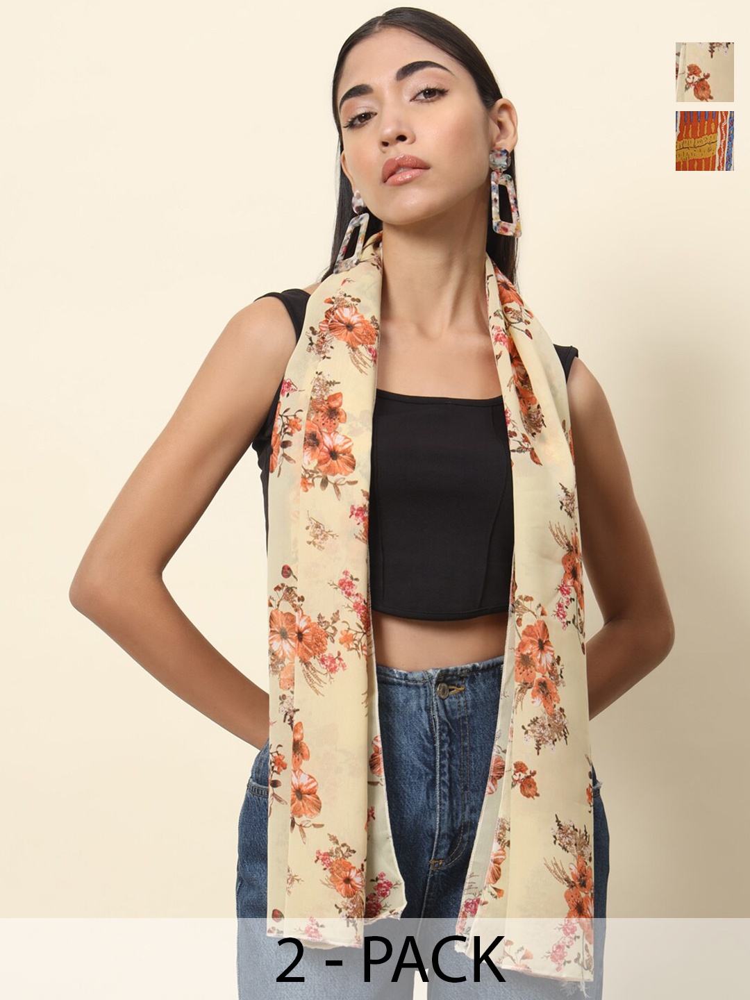 

Trend Arrest Pack of 2 Women Printed Scarves, Beige