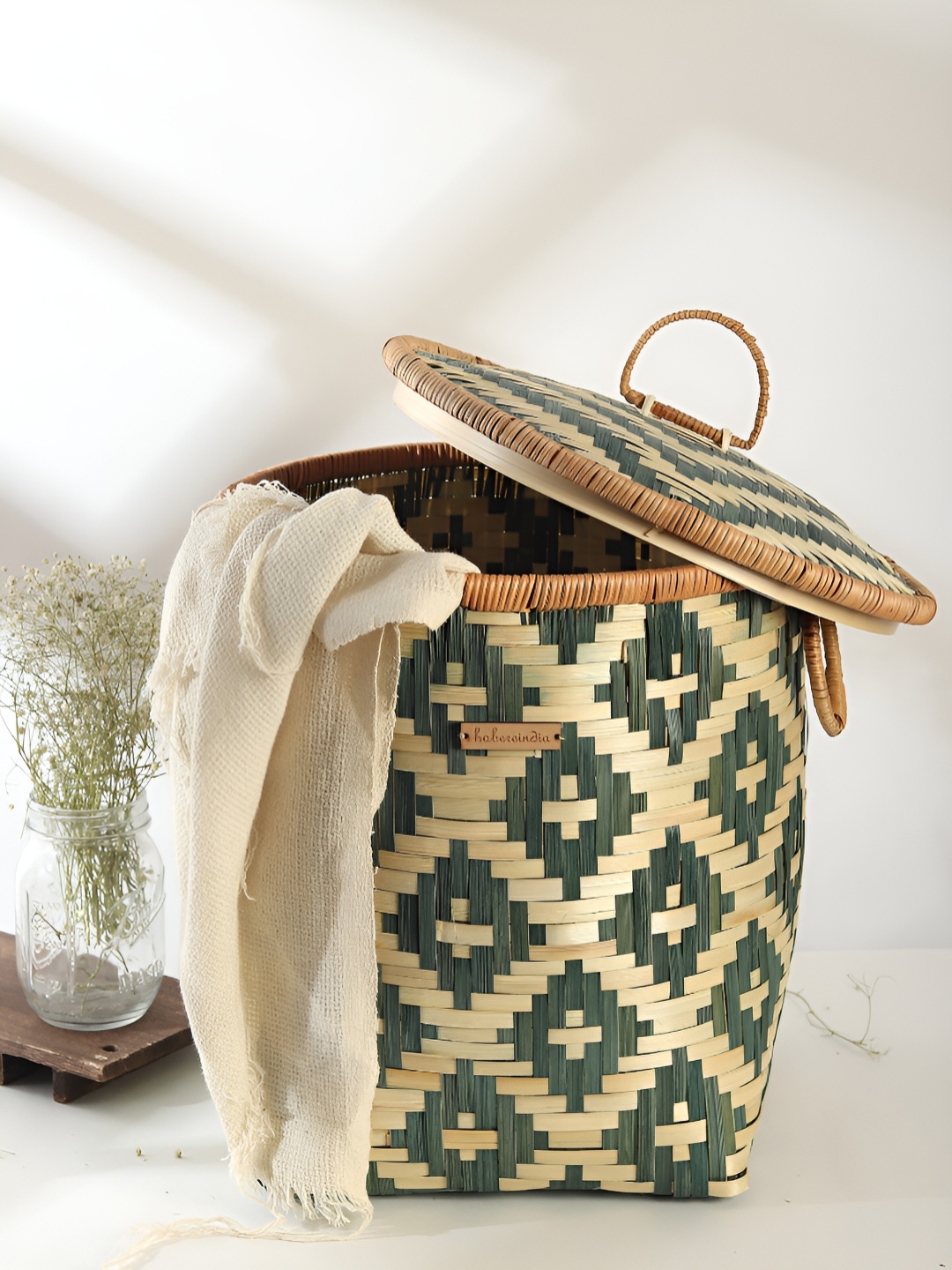 

HABERE INDIA Green & Beige Bamboo Laundry Storage Basket