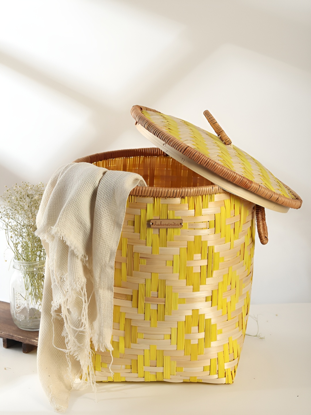 

HABERE INDIA Yellow & Beige Bamboo Laundry Storage Basket