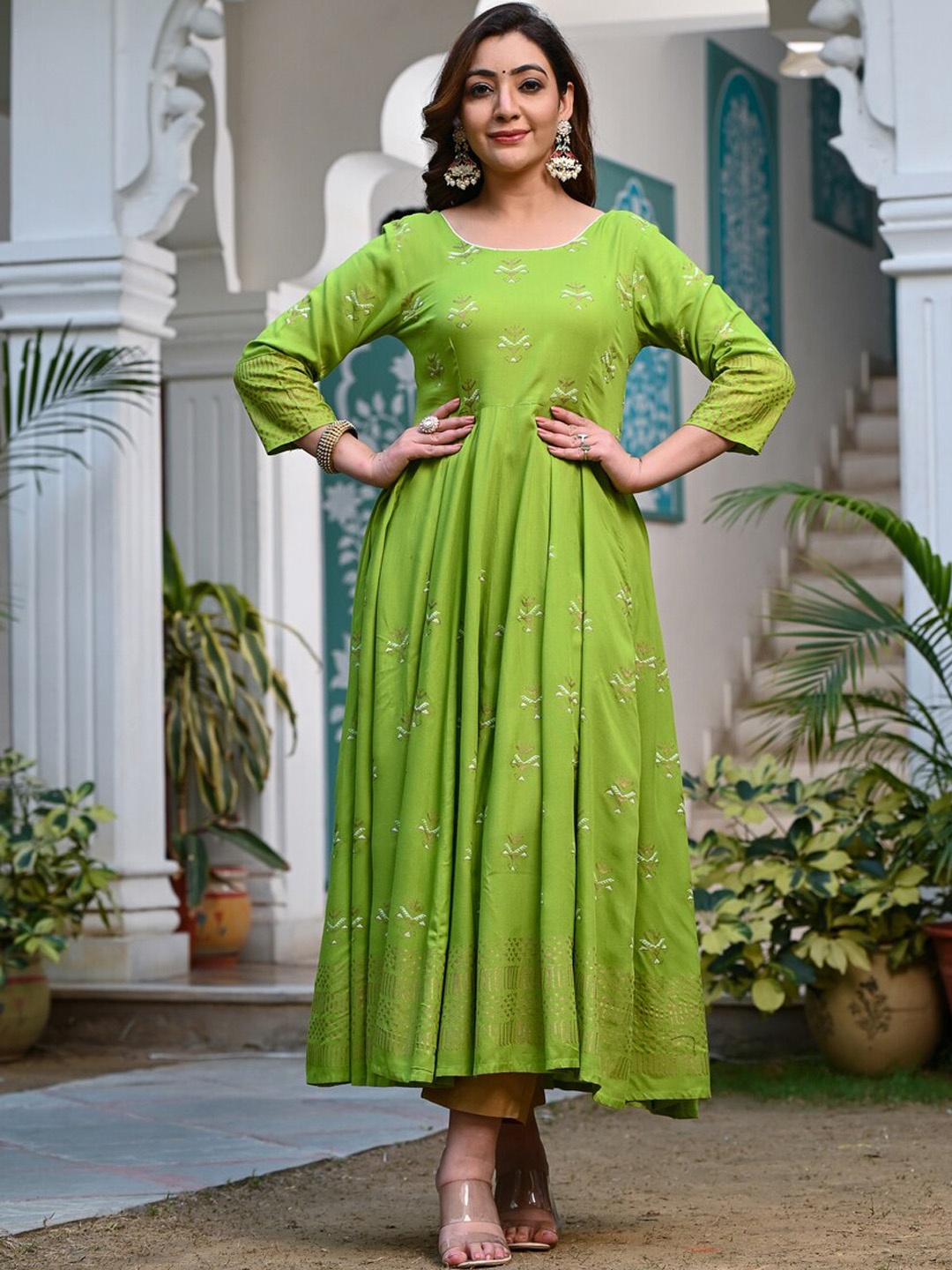 

Ayan Embroidered Thread Work Block Print Anarkali Kurta, Fluorescent green