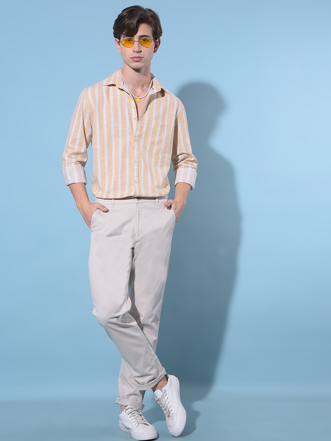 

Crimsoune Club Resort Collar Slim Fit Striped Cotton Casual Shirt, Yellow