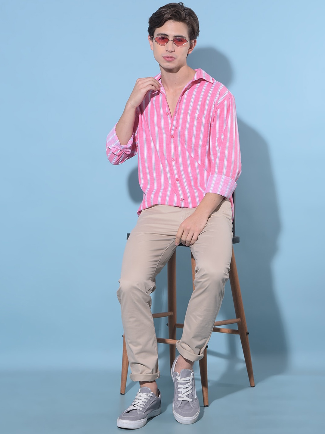 

Crimsoune Club Resort Collar Slim Fit Striped Cotton Casual Shirt, Pink