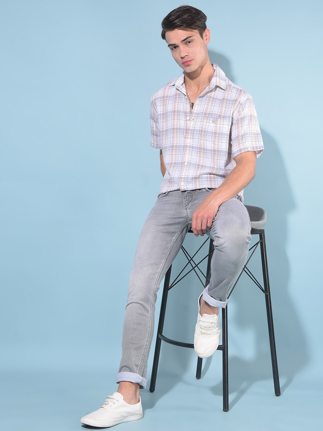 

Crimsoune Club Resort Collar Slim Fit Tartan Checked Casual Shirt, Beige