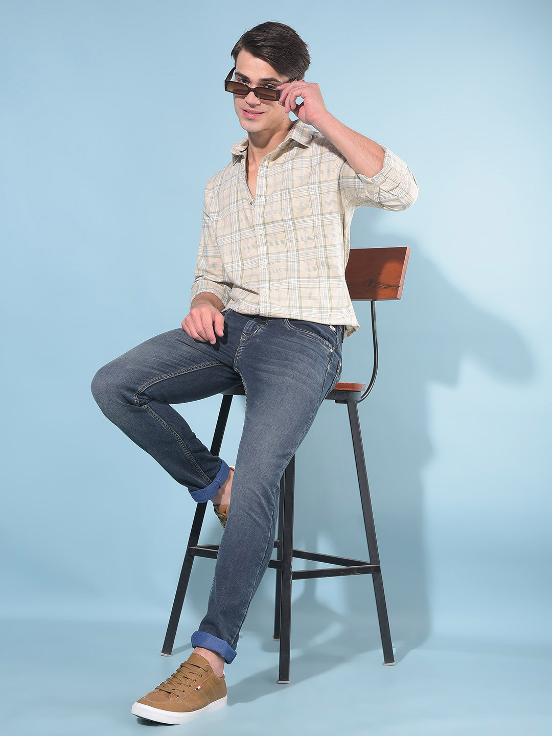 

Crimsoune Club Resort Collar Tartan Checked Cotton Slim Fit Opaque Casual Shirt, Beige